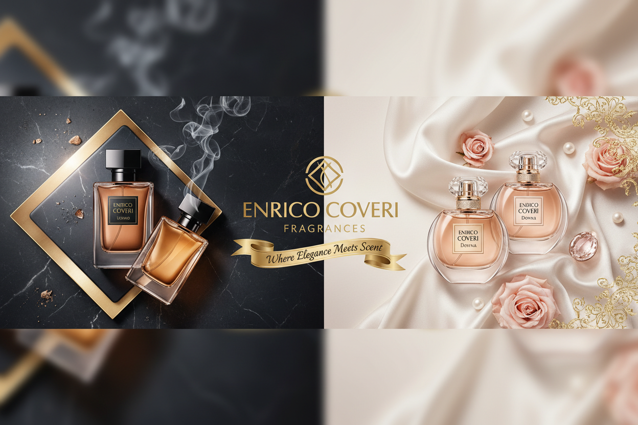 Genera sfondo banner di profumi enrico coveri, uomo donna 