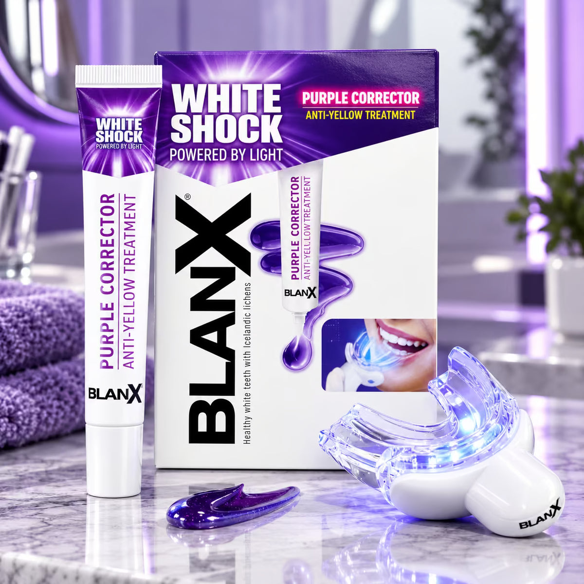 BLANX WHITE SHOCK PURPLE CORRECTOR - Trattamento Antigiallo 20ml Dentifricio + Bite a Luce Led