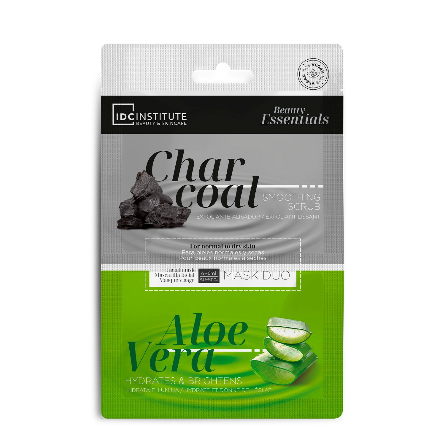 IDC - MASCHERE VISO DUO - CARBONE VEGETALE: scrub esfoliante | ALOE VERA: idratazione profonda e illumina