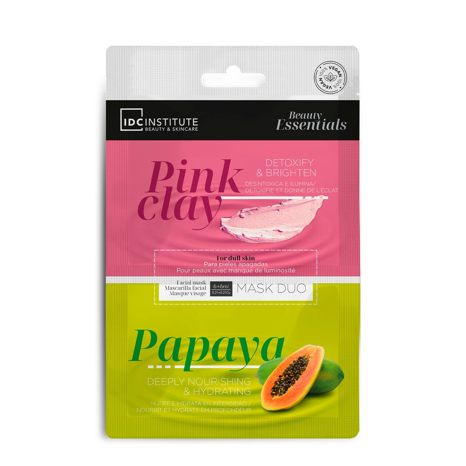 IDC - MASCHERE VISO DUO - ARGILLA ROSA: effetto detossinante e illumina la pelle | PAPAYA: idratazione profonda