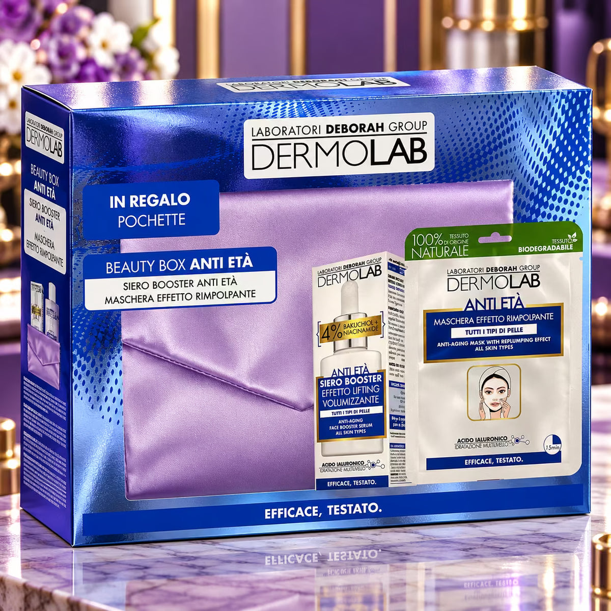 DERMOLAB BEAUTY BOX ANTI ETÀ | Siero Booster 30 ml + Maschera Rimpolpante + Pochette in Raso Viola