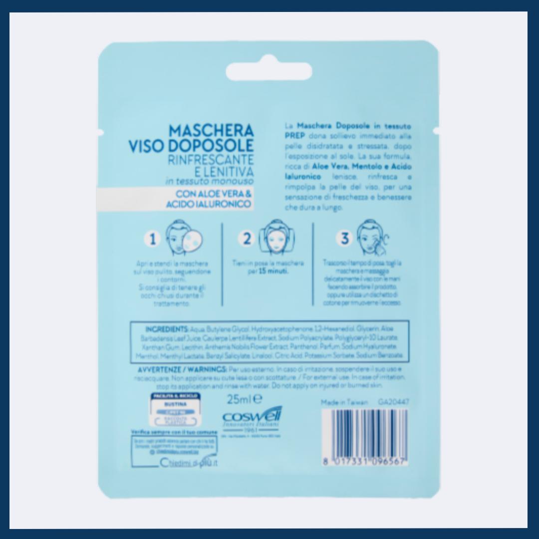 MASCHERA VISO TESSUTO DOPOSOLE RINFRESCANTE e LENITIVA - con Aloe Vera e Acido Ialuronico